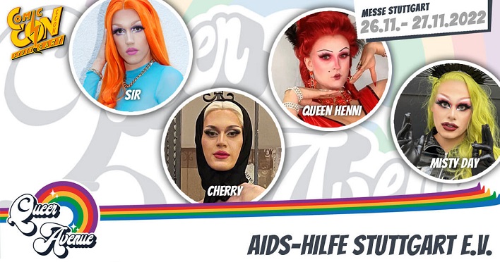 Am Stand der AIDS-Hilfe Stuttgart: Die Drag Queens Misty Day, Queen Henni, SIR und QueenCherry!